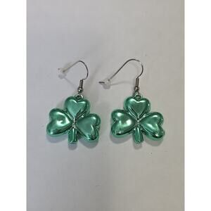 Green Clover Shamrock Earrings Puffy Dangle Pierced Light Lucky St. Patrick's